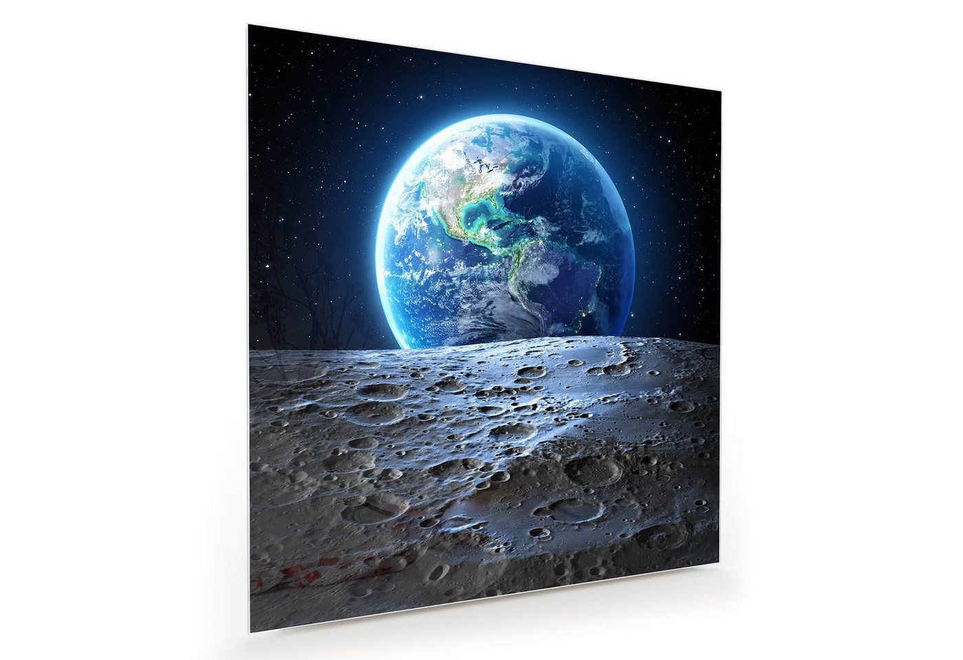 Primedeco Glasbild Wandbild Quadratisch Blaue Erde vom Mond aus mit Aufhängung, Weltall von Primedeco