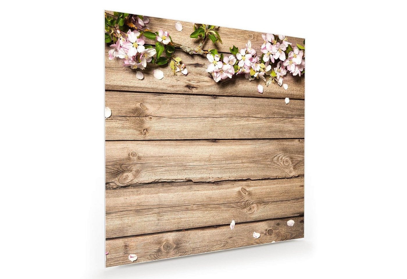 Primedeco Glasbild Wandbild Quadratisch Blüten auf Holztisch mit Aufhängung, Blumen von Primedeco