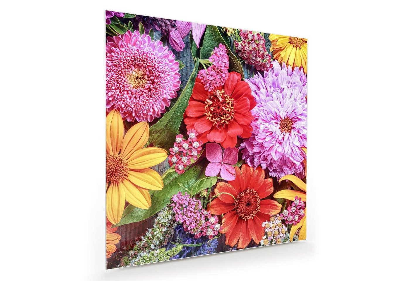 Primedeco Glasbild Wandbild Quadratisch Bunter Blumenstrauss mit Aufhängung, Blumen von Primedeco