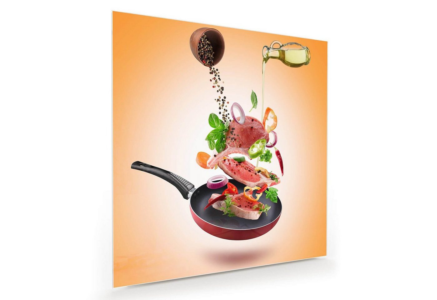 Primedeco Glasbild Wandbild Quadratisch Fleisch auf Pfanne mit Aufhängung, Speisen von Primedeco