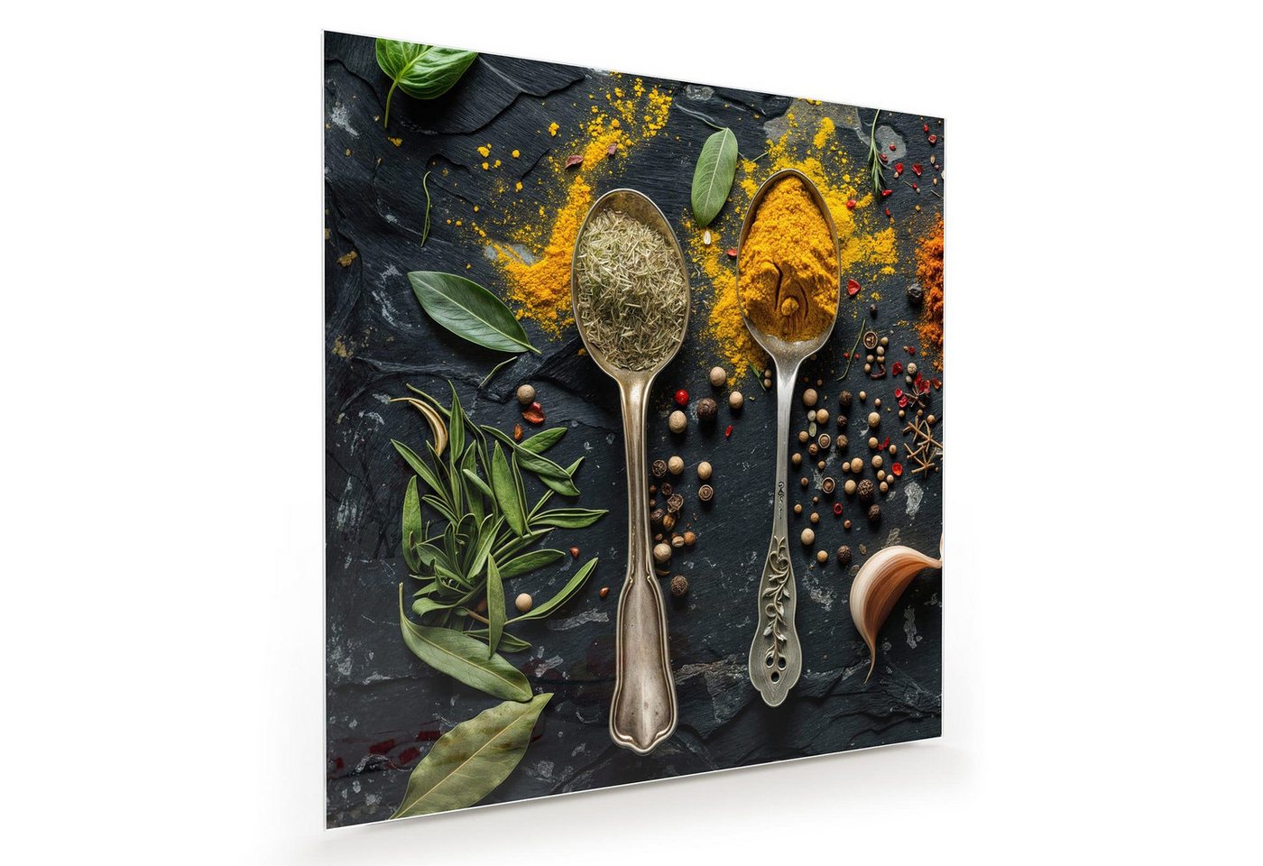 Primedeco Glasbild Wandbild Quadratisch Gewürze Löffel Mix mit Aufhängung, Gewürze & Früchte (21 verschiedene Größen, 1 St), Elegante Aufhängung von Primedeco