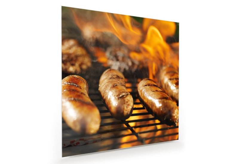 Primedeco Glasbild Wandbild Quadratisch Heisser Grill mit Würsten mit Aufhängung, Speisen von Primedeco