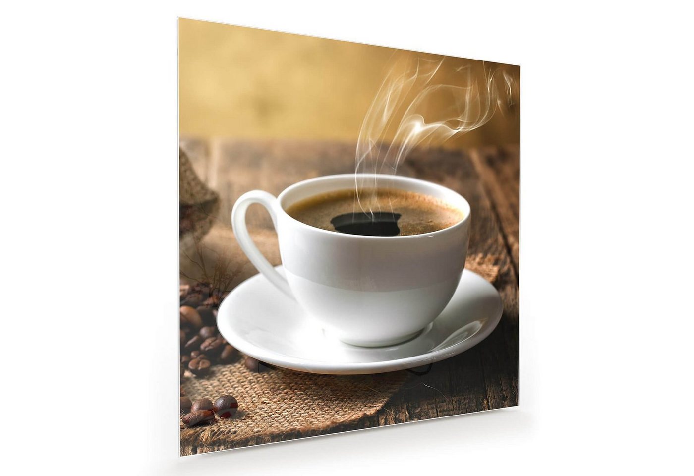 Primedeco Glasbild Wandbild Quadratisch Heisser Kaffee auf Tisch mit Aufhängung, Kaffee von Primedeco