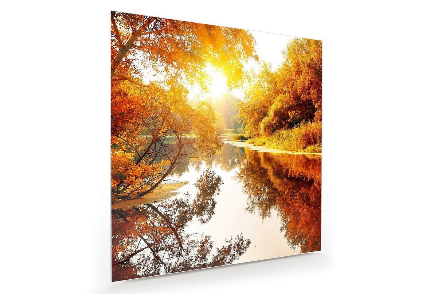 Primedeco Glasbild Wandbild Quadratisch Herbstwald am Fluss mit Aufhängung, Natur von Primedeco