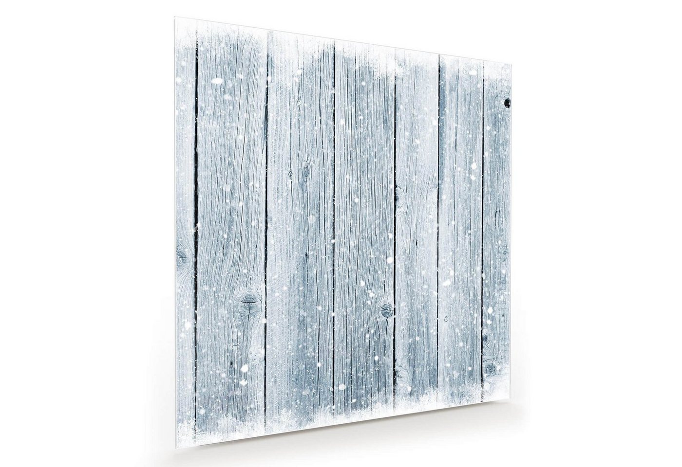 Primedeco Glasbild Wandbild Quadratisch Holzbalken mit Schnee mit Aufhängung, Natur von Primedeco