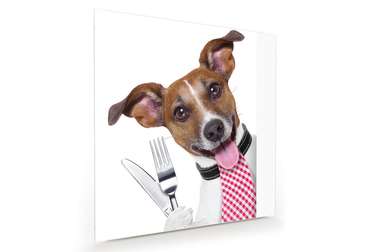 Primedeco Glasbild Wandbild Quadratisch Hund mit Besteck in Pfote mit Aufhängung, Tiere von Primedeco