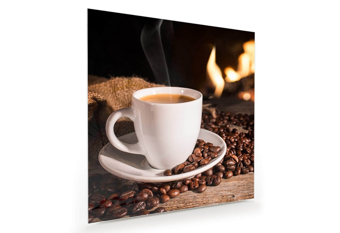 Primedeco Glasbild Wandbild Quadratisch Kaffee vor Kamin mit Aufhängung, Kaffee von Primedeco