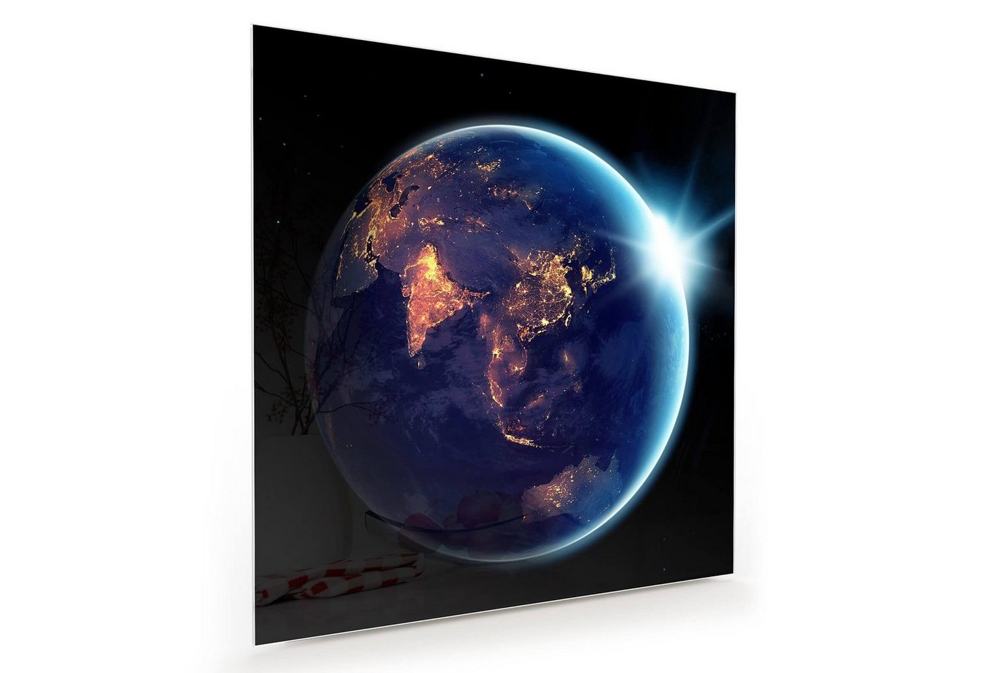 Primedeco Glasbild Wandbild Quadratisch Lichter der Stadt auf Erde mit Aufhängung, Weltall von Primedeco