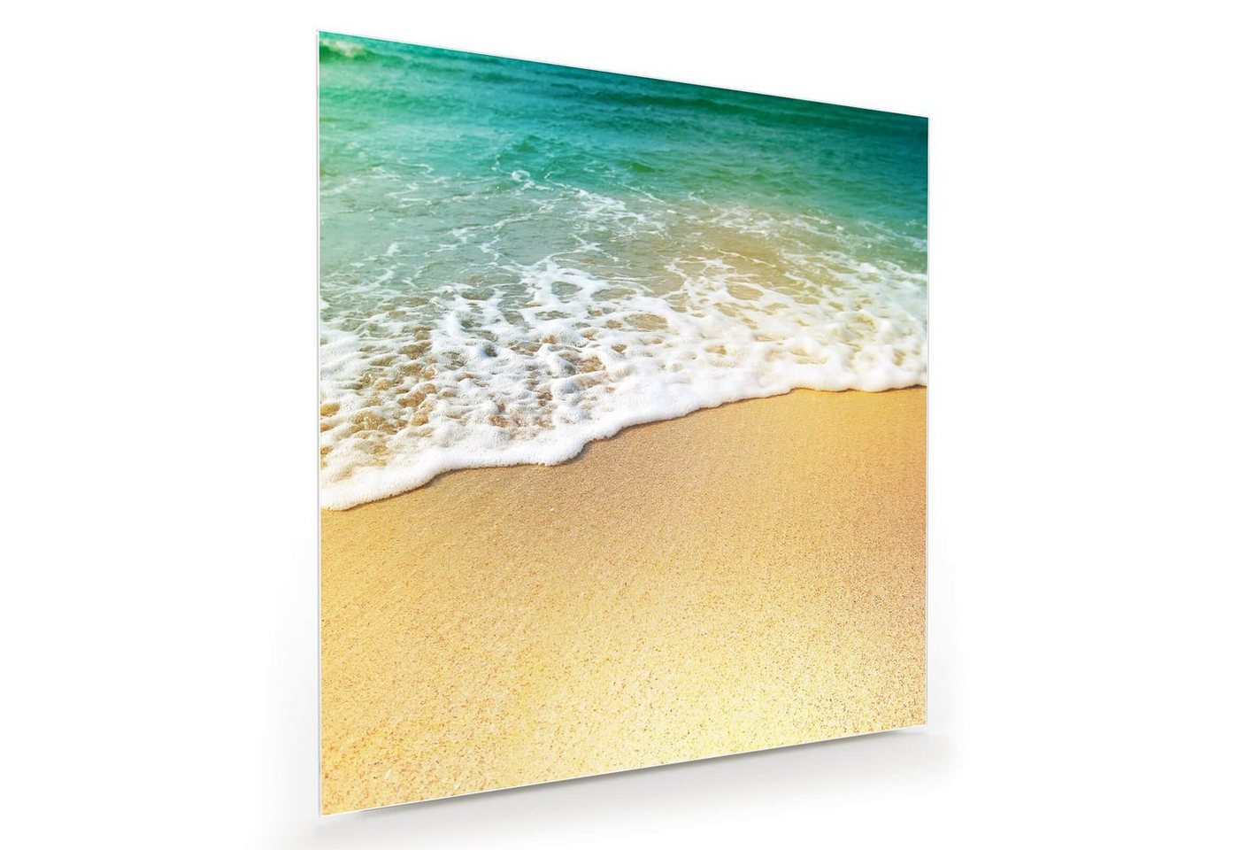 Primedeco Glasbild Wandbild Quadratisch Meerwasser und Sand mit Aufhängung, Natur von Primedeco