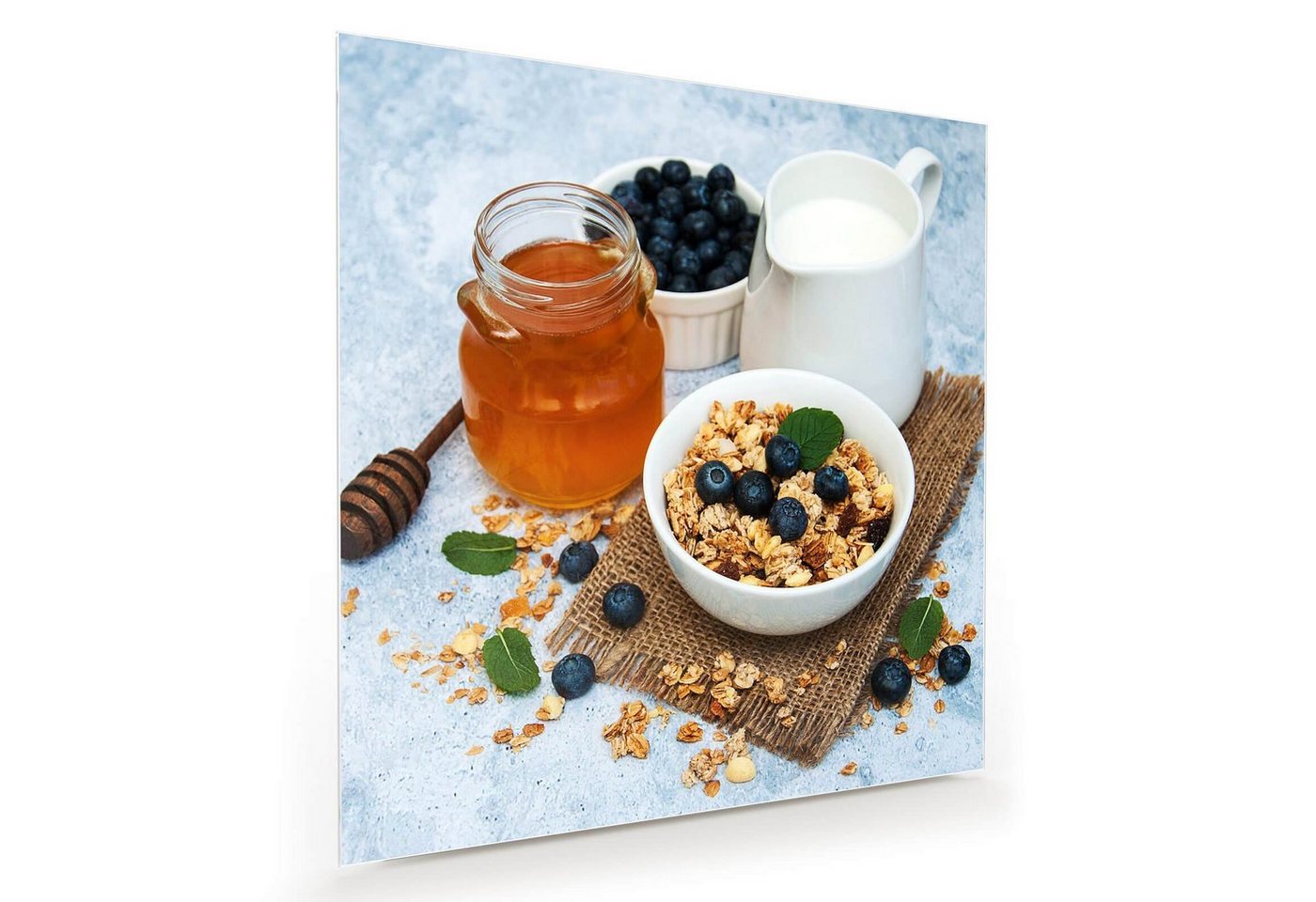 Primedeco Glasbild Wandbild Quadratisch Müsli und Honig mit Aufhängung, Cerealien von Primedeco