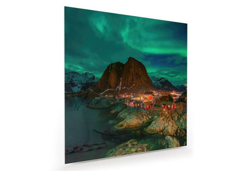 Primedeco Glasbild Wandbild Quadratisch Naturlandschaft Nordlicht Lofoten mit Aufhängung, Berge von Primedeco