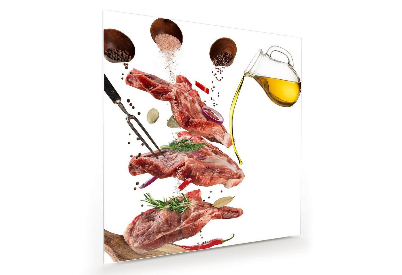 Primedeco Glasbild Wandbild Quadratisch Öl und Fleisch auf Tafel mit Aufhängung, Speisen von Primedeco