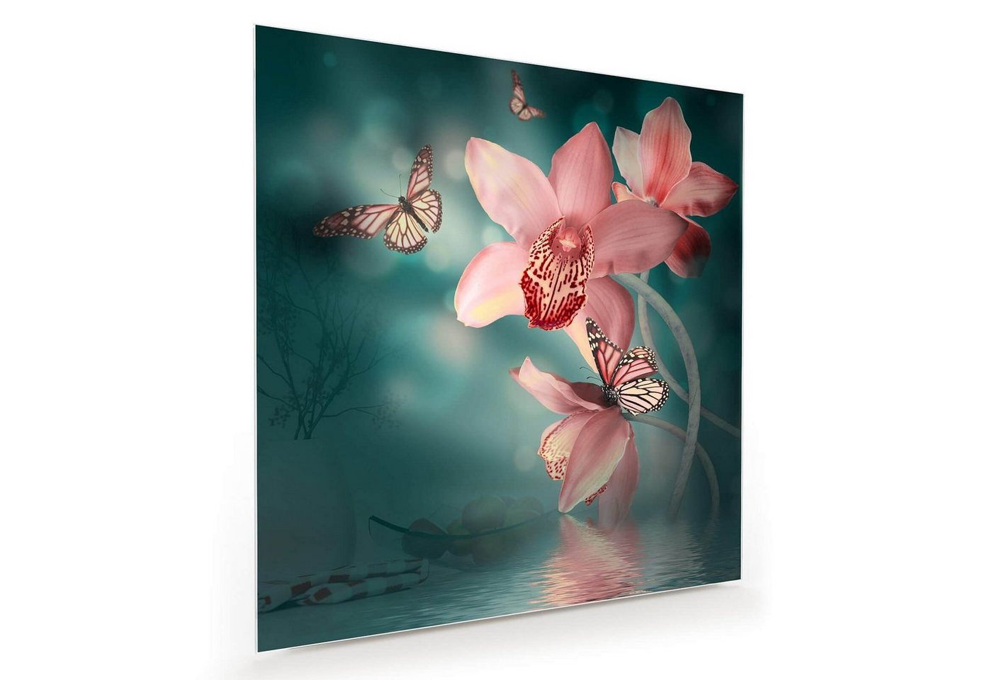 Primedeco Glasbild Wandbild Quadratisch Orchideen am Wasser mit Aufhängung, Blumen von Primedeco