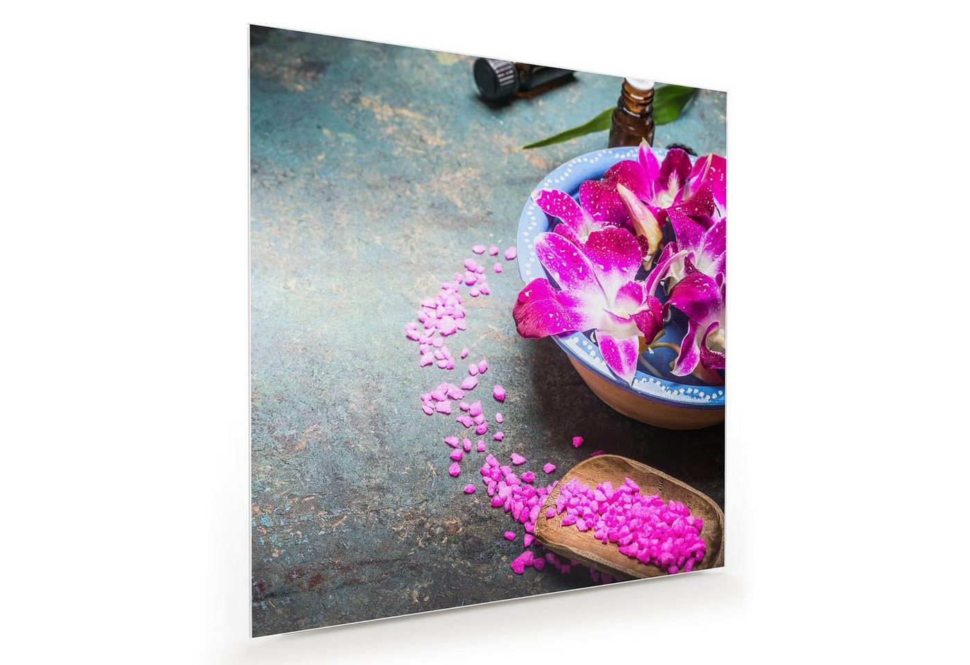 Primedeco Glasbild Wandbild Quadratisch Orchideenblätter in Topf mit Aufhängung, Blumen von Primedeco
