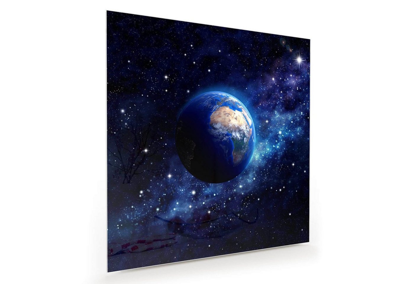 Primedeco Glasbild Wandbild Quadratisch Planet Erde im Sternenfeld mit Aufhängung, Weltall von Primedeco