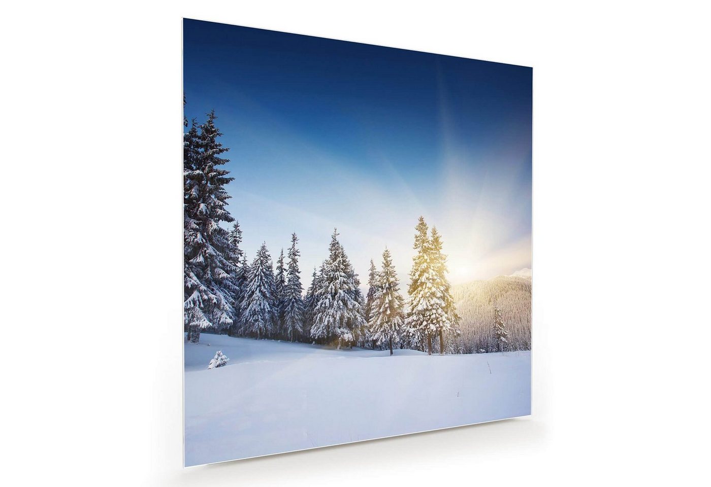 Primedeco Glasbild Wandbild Quadratisch Schnee im Sonnenuntergang mit Aufhängung, Natur von Primedeco