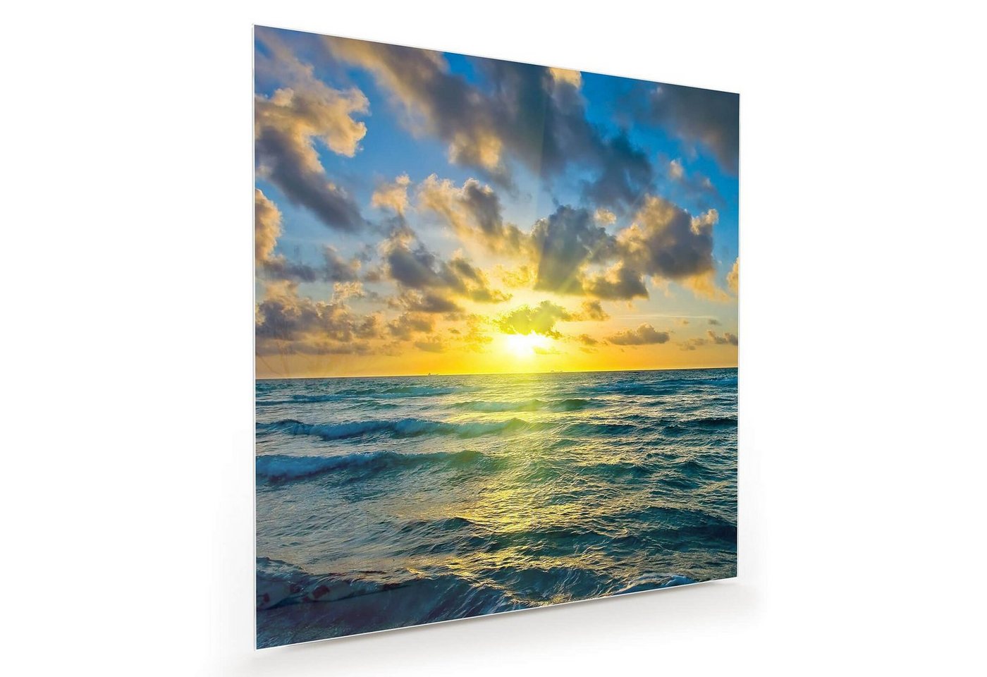 Primedeco Glasbild Wandbild Quadratisch Sonnenuntergang an Küste mit Aufhängung, Natur von Primedeco