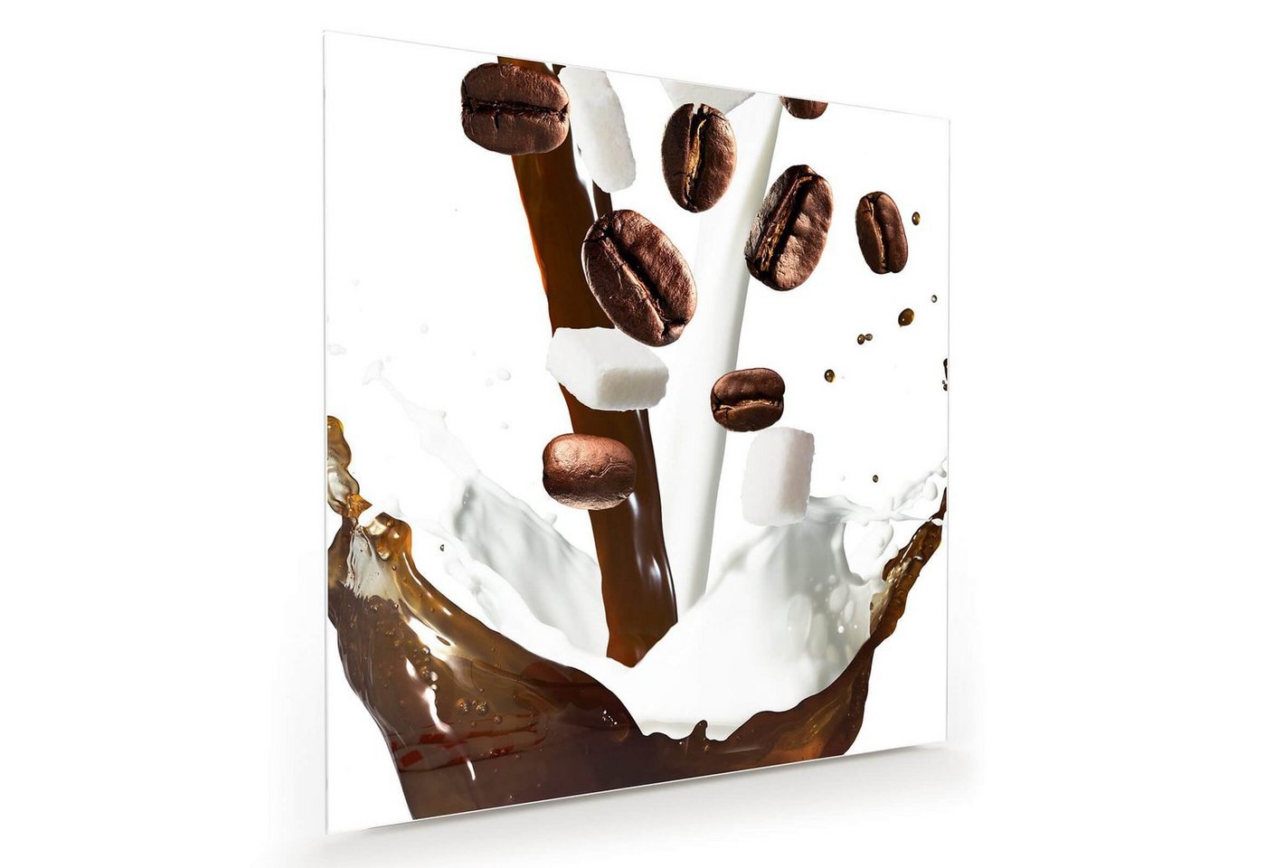 Primedeco Glasbild Wandbild Quadratisch Splash aus Milch und Kaffee mit Aufhängung, Kaffee von Primedeco