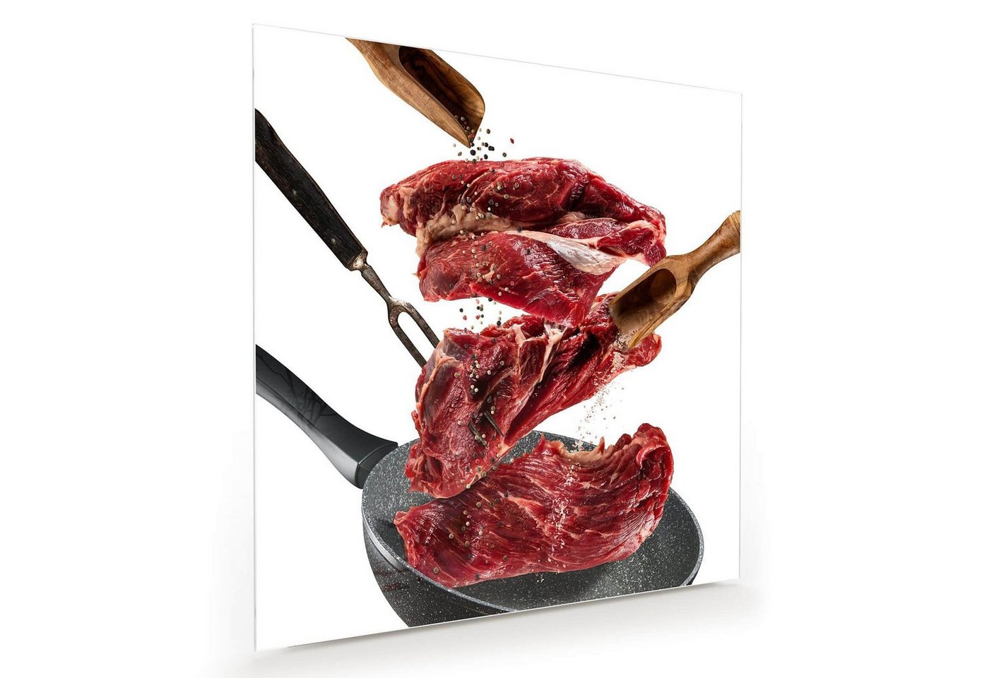 Primedeco Glasbild Wandbild Quadratisch Steak auf Pfanne mit Aufhängung, Speisen von Primedeco