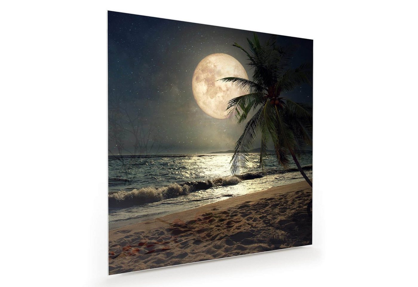 Primedeco Glasbild Wandbild Quadratisch Strand bei Nacht mit Mond mit Aufhängung, Natur von Primedeco