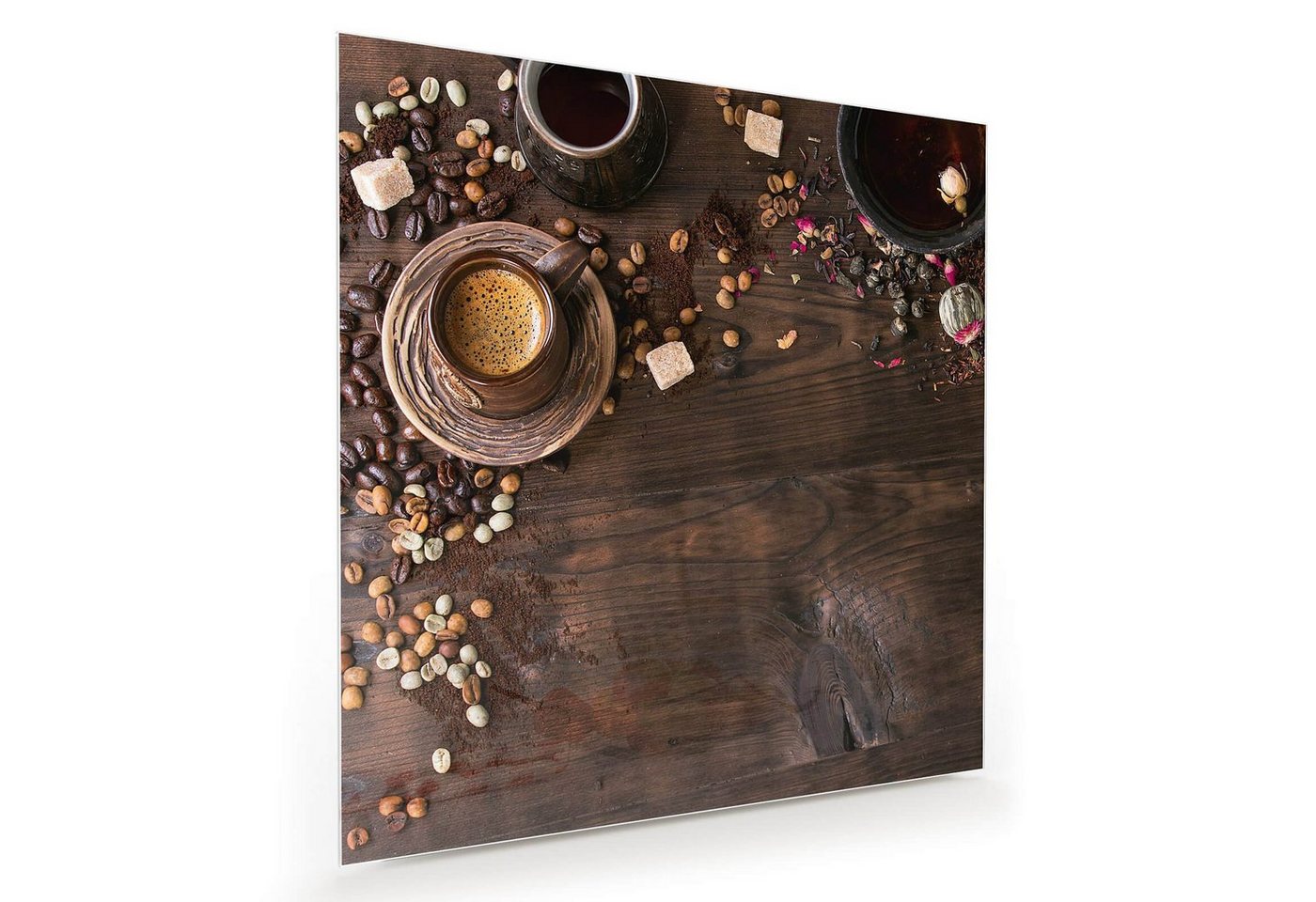 Primedeco Glasbild Wandbild Quadratisch Teekanne und Tasse mit Aufhängung, Kaffee von Primedeco