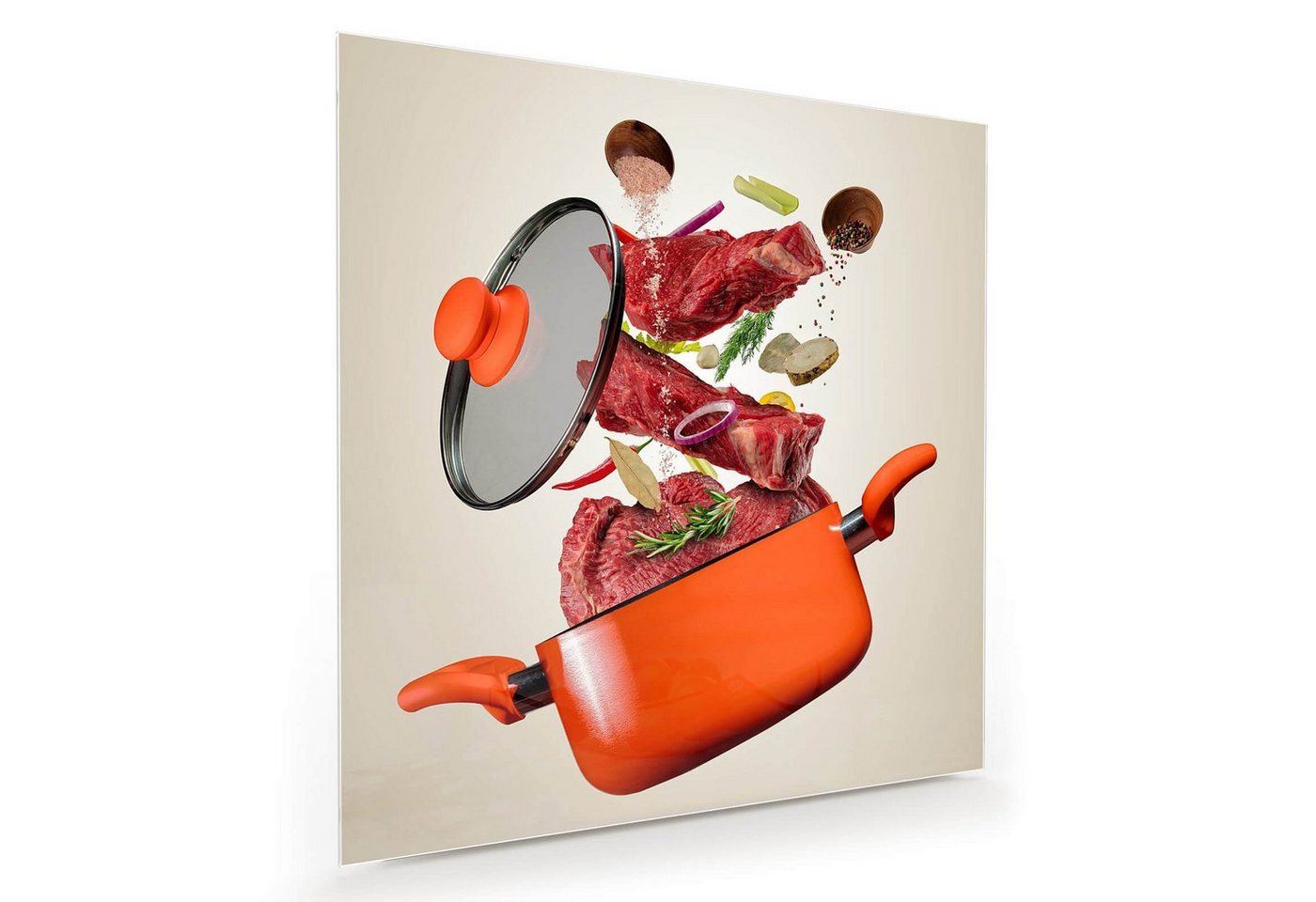 Primedeco Glasbild Wandbild Quadratisch Topf und Fleisch mit Aufhängung, Speisen von Primedeco
