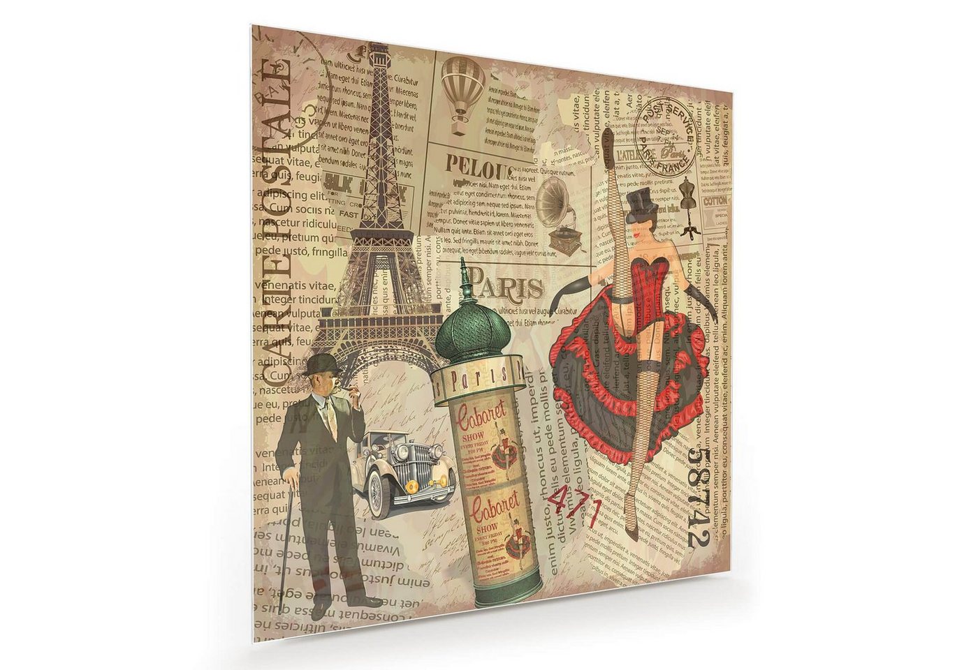 Primedeco Glasbild Wandbild Quadratisch Vintage-Poster Paris mit Aufhängung, Städte & Länder von Primedeco