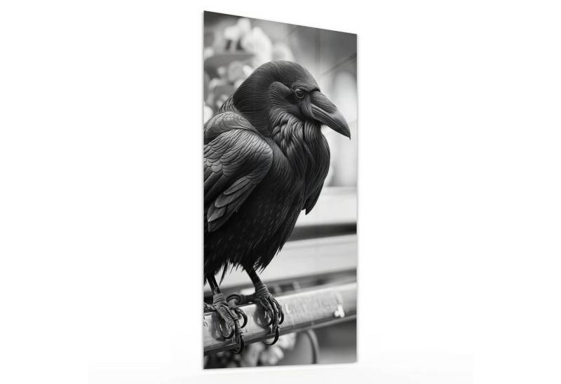 Primedeco Glasbild Wandbild Rabe auf Bank mit Aufhängung, Tierwelt (21 verschiedene Größen, 1 St), Elegante Aufhängung von Primedeco