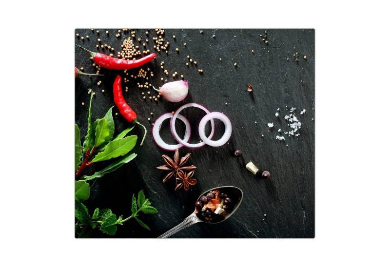 Primedeco Herd-Abdeckplatte Herdabdeckplatte Spritzschutz aus Glas Chili und Kräuter auf Tisch, Glas, (1 tlg) von Primedeco
