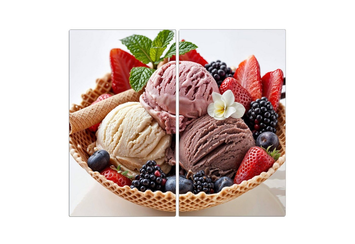 Primedeco Herd-Abdeckplatte Herdabdeckplatte Spritzschutz aus Glas Eiswaffelmit Obst, Glas, (2 tlg) von Primedeco