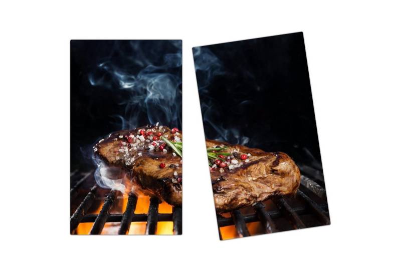 Primedeco Herd-Abdeckplatte Herdabdeckplatte Spritzschutz aus Glas Heisser Grill mit Fleisch, Glas, (2 tlg) von Primedeco