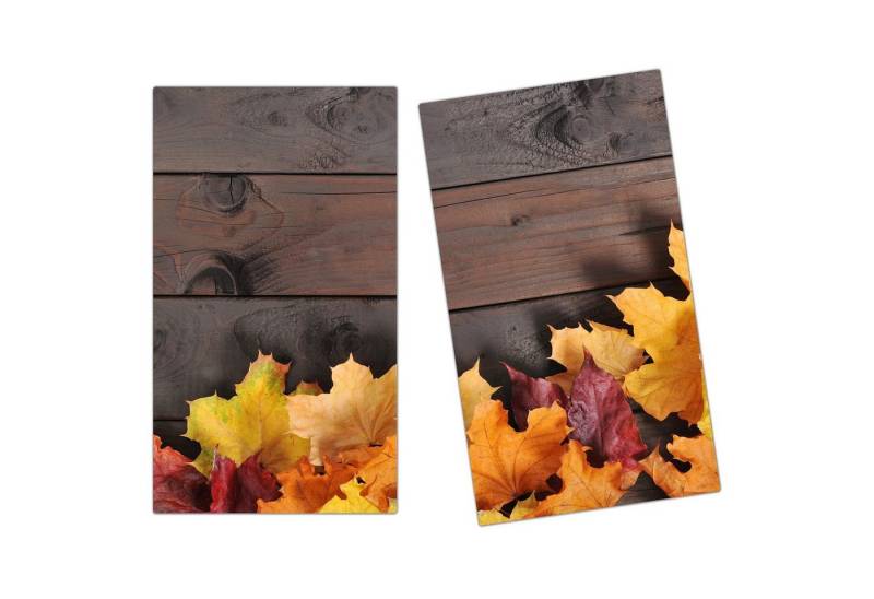 Primedeco Herd-Abdeckplatte Herdabdeckplatte Spritzschutz aus Glas Herbstlaub auf Tisch, Glas, (2 tlg) von Primedeco