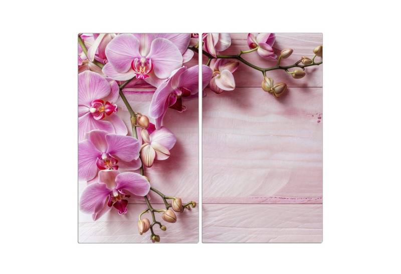 Primedeco Herd-Abdeckplatte Herdabdeckplatte Spritzschutz aus Glas Orchideen Holz Hintergrund, Glas, (2 tlg) von Primedeco