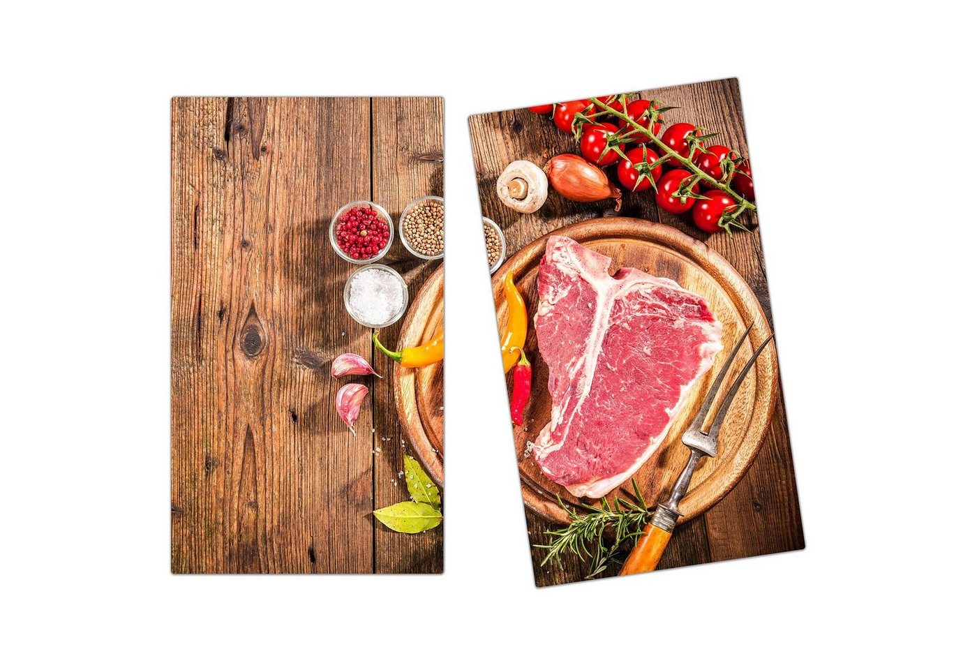 Primedeco Herd-Abdeckplatte Herdabdeckplatte Spritzschutz aus Glas T-Bone Steak im Teller, Glas, (2 tlg) von Primedeco