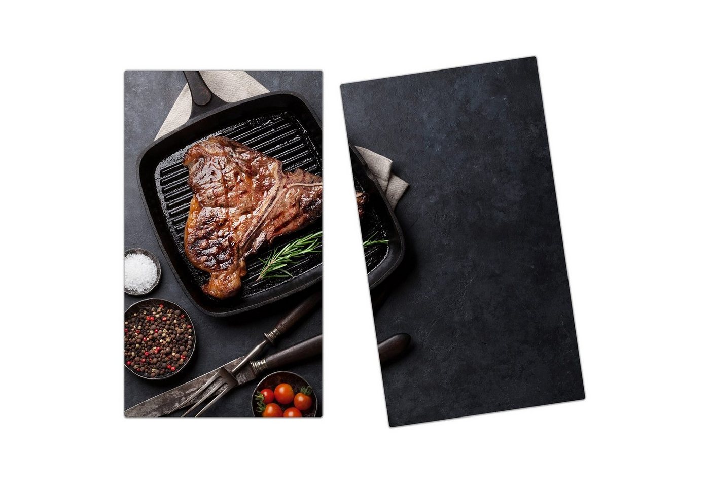 Primedeco Herd-Abdeckplatte Herdabdeckplatte Spritzschutz aus Glas T-Bone Steak in Pfanne, Glas, (2 tlg) von Primedeco