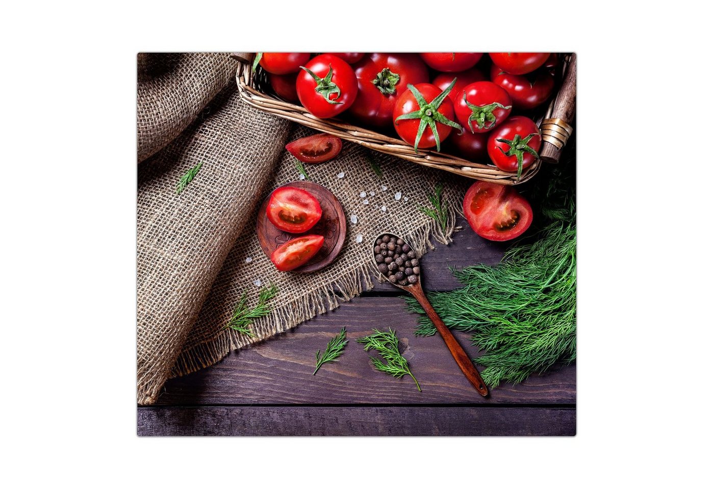 Primedeco Herd-Abdeckplatte Herdabdeckplatte Spritzschutz aus Glas Tomaten im Korb auf Tisch, Glas, (1 tlg) von Primedeco