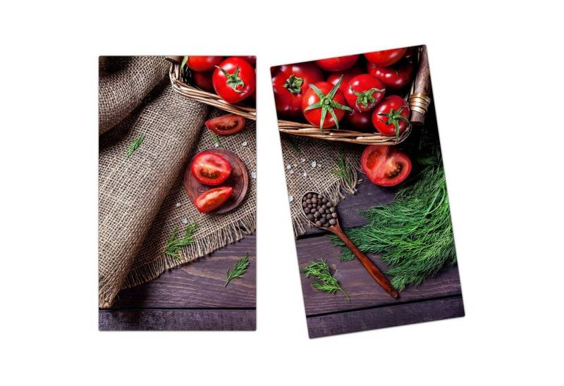 Primedeco Herd-Abdeckplatte Herdabdeckplatte Spritzschutz aus Glas Tomaten im Korb auf Tisch, Glas, (2 tlg) von Primedeco