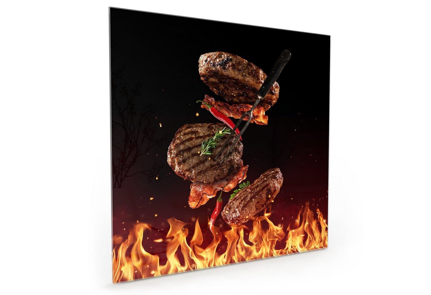 Primedeco Küchenrückwand Küchenrückwand Spritzschutz Glas mit Motiv Heisser Grill mit Burger von Primedeco