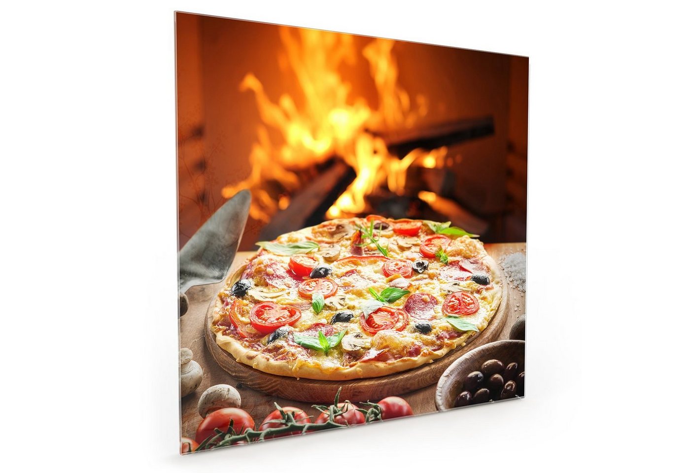 Primedeco Küchenrückwand Küchenrückwand Spritzschutz Glas mit Motiv Pizza aus dem Holzofen von Primedeco