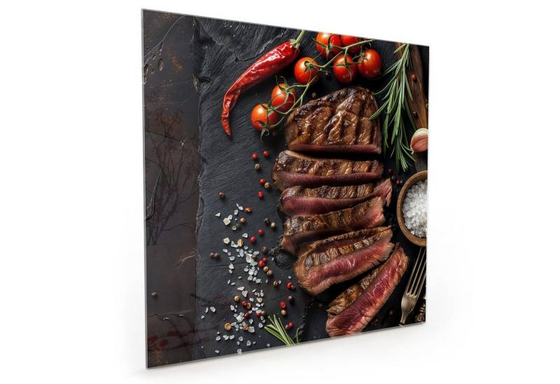 Primedeco Küchenrückwand Spritzschutz, Herdblende aus Glas - Motiv Gegrilltes Steak Teller von Primedeco