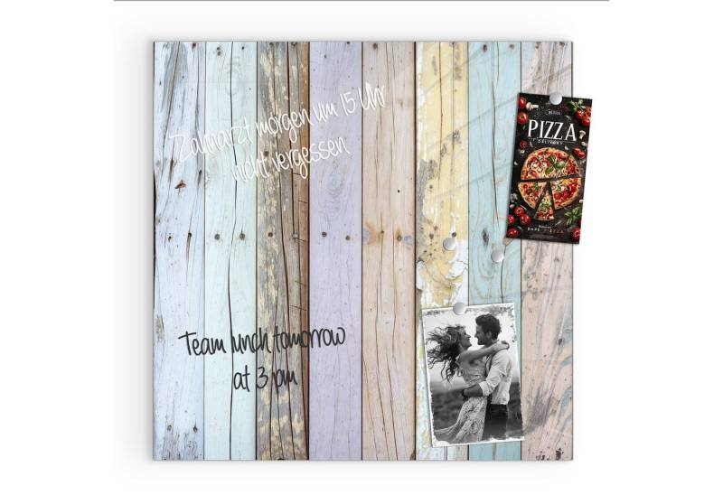 Primedeco Magnettafel Glas Bunte Holzplanken Pinnwand Whiteboard beschreibbar, (Inklusive Stift, Magnete und Montagematerial, 1-tlg., 9 verschiedene Größen), Magnetisch und Beschreibbar von Primedeco