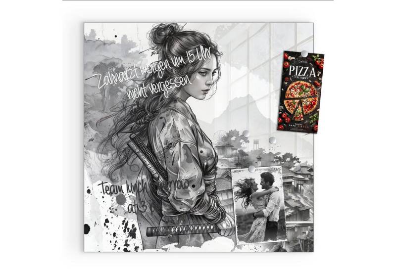 Primedeco Magnettafel Glas Samurai Kriegerin Stadt Pinnwand Whiteboard beschreibbar, (Inklusive Stift, Magnete und Montagematerial, 1-tlg., 9 verschiedene Größen), Magnetisch und Beschreibbar von Primedeco