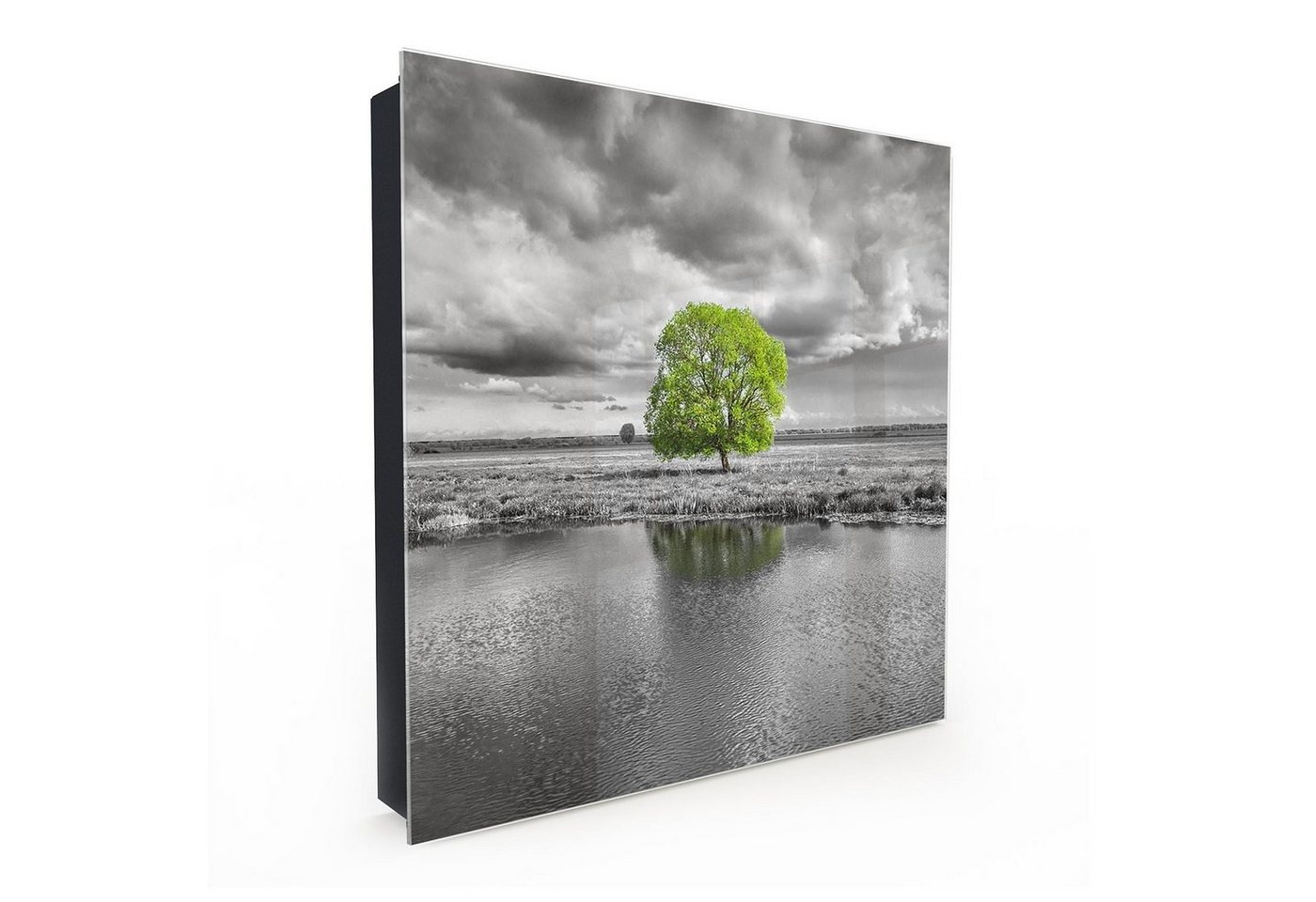 Primedeco Schlüsselkasten Dekor-Schlüsselkasten, Magnetpinnwand und Memoboard mit Glasfront Motiv Baum auf Feld an einem See von Primedeco