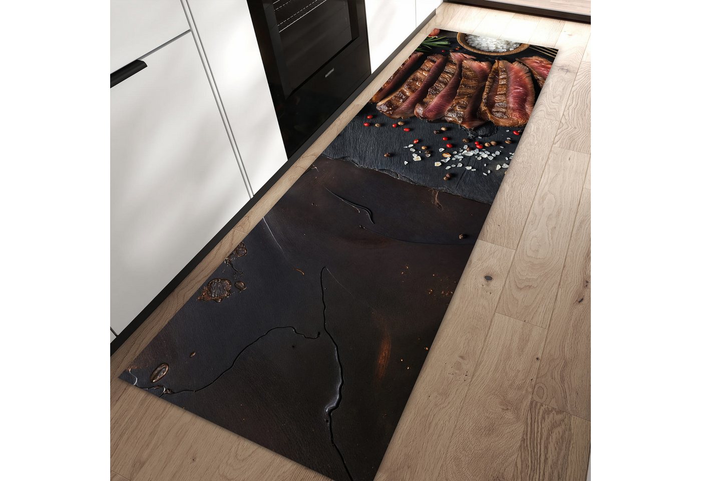 Primedeco Teppich Küchenteppich Gegrilltes Steak Teller PVC rutschfest abwaschbar Läufer, Rechteckig, Höhe: 3 mm, Pflegeleicht & Wasserabweisend von Primedeco