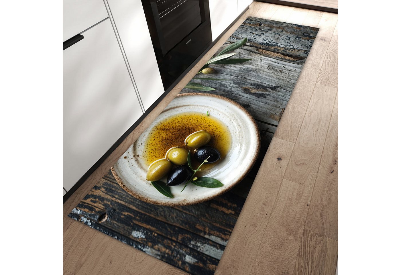 Primedeco Teppich Küchenteppich Oliven auf Teller PVC rutschfest abwaschbar Läufer, Rechteckig, Höhe: 3 mm, Pflegeleicht & Wasserabweisend von Primedeco