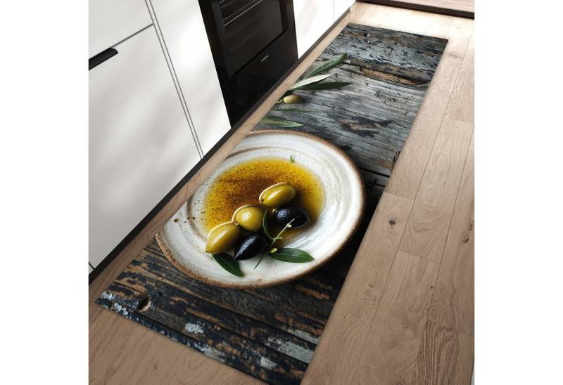 Primedeco Teppich Küchenteppich Oliven auf Teller PVC rutschfest abwaschbar Läufer, Rechteckig, Höhe: 3 mm, Pflegeleicht & Wasserabweisend von Primedeco