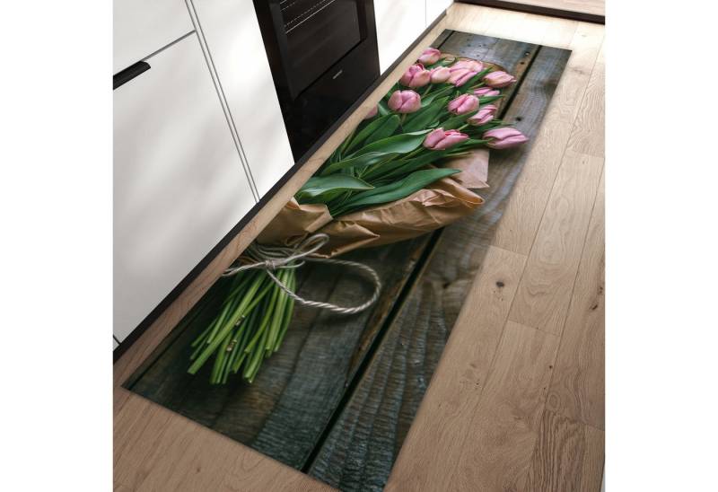Primedeco Teppich Küchenteppich Rosa Tulpenstrauss PVC rutschfest abwaschbar Läufer, Rechteckig, Höhe: 3 mm, Pflegeleicht & Wasserabweisend von Primedeco