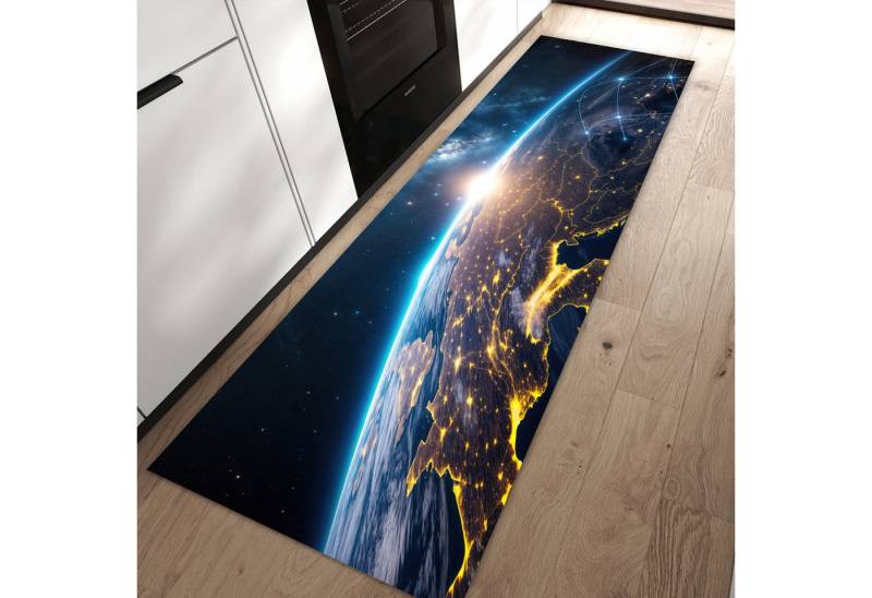 Primedeco Teppich Küchenteppich Sonnenaufgang mit Erde PVC rutschfest abwaschbar Läufer, Rechteckig, Höhe: 3 mm, Pflegeleicht & Wasserabweisend von Primedeco