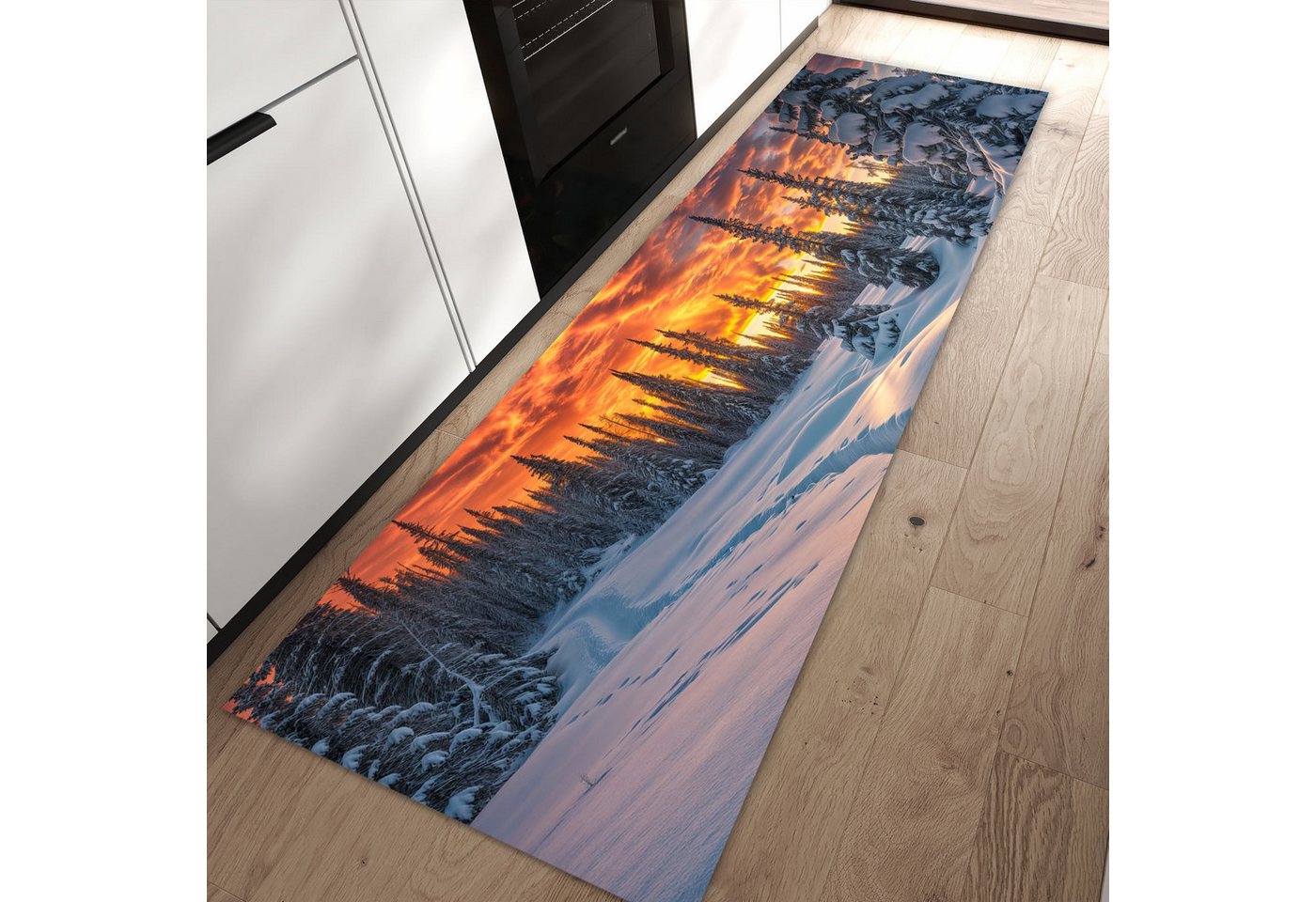 Primedeco Teppich Küchenteppich Winter Sonnenuntergang PVC rutschfest abwaschbar Läufer, Rechteckig, Höhe: 3 mm, Pflegeleicht & Wasserabweisend von Primedeco