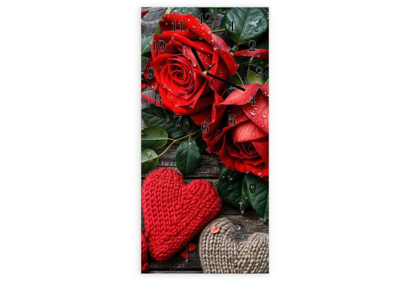 Primedeco Wanduhr Glasuhr Wandkunst Größe 30 x 60 cm mit Motiv Rote Rosen und Herzen von Primedeco